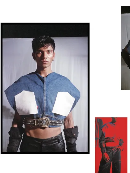 This film shot features an edgier look with a deconstructed denim top and leather pants. The composition, resembling a contact sheet, gives a behind-the-scenes, process-oriented feel.