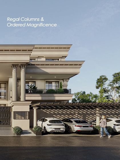 A closer look at the ordered magnificence of a neoclassical facade. The regal columns and layered cornices create a sense of structured luxury and timeless sophistication.