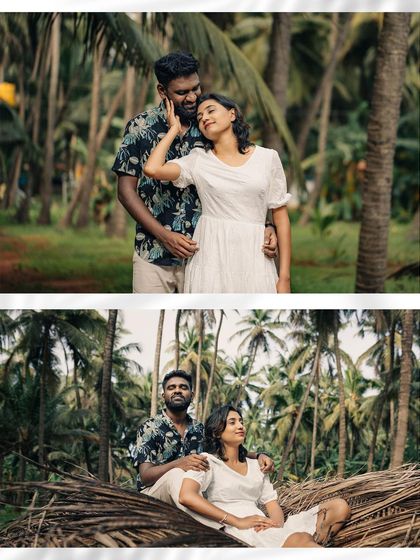 Two portraits that showcase the couple's relaxed and happy mood during their post-wedding session in a lush, green location.