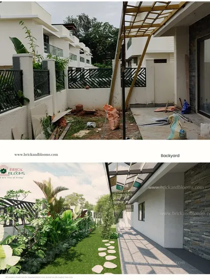 This backyard side area was underutilized and disconnected. Our design transforms it into a lush tropical corridor with a stone pathway, dense foliage, and a covered walkway, making it a beautiful journey from one part of the home to another.