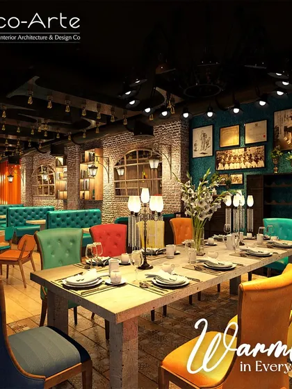 The dining area at Hosten is a celebration of color and texture. We combined rustic elements with a vibrant, multi-hued seating arrangement to create a warm, energetic atmosphere that encourages connection and conversation.