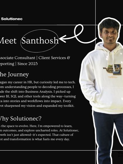 Meet Santhosh, an Associate Consultant who joined us in 2023. His journey from HR to Business Analysis showcases the growth mindset we cultivate, where curiosity leads to mastering tools like Power BI and SQL to turn data into stories.