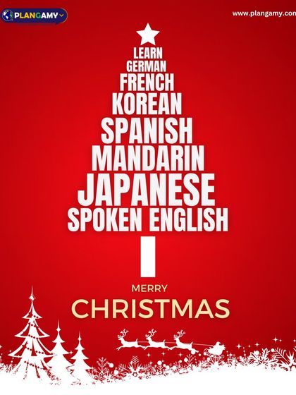 Our Merry Christmas greeting, with a tree made of the different languages we teach, from German and French to Japanese and Spoken English.