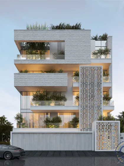 This proposal for a 500 sq-yd semi-classical facade envisions a harmonious dialogue between modern and classical elements. The warmth of brick cladding meets the intricate detail of traditional jaali work, creating a captivating focal point.