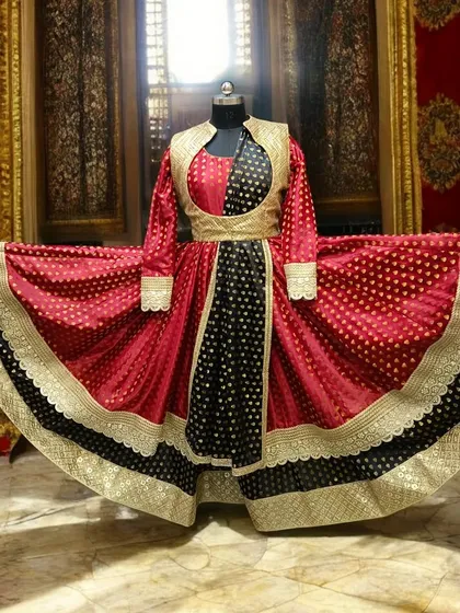 This custom Kathak anarkali, with its dramatic 12-meter flare, is designed to become a part of the performance itself. I crafted this piece to capture the essence of classical dance, ensuring the fabric moves with the dancer's every spin and expression, creating a truly breathtaking spectacle on stage.