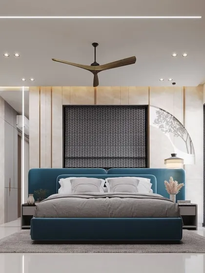 A frontal view of the blue upholstered bed from the 3D render, highlighting the textured wall panels and minimalist side tables. The design emphasizes symmetry and modern elegance.