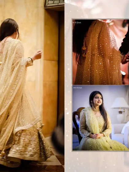 An example of a beautiful wedding album layout. It combines a full-page, dynamic shot of the bride with smaller, intimate moments, telling a story across the page.