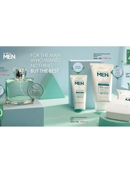 A crisp and clean product lineup for the 'North for Men' grooming range. This shot is tailored for the men's cosmetic market, emphasizing a modern and straightforward presentation.