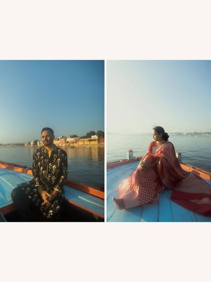 A diptych of the couple on a boat, capturing a moment of quiet contemplation. The vastness of the sky and water adds a sense of peace and serenity to their pre-wedding portraits.