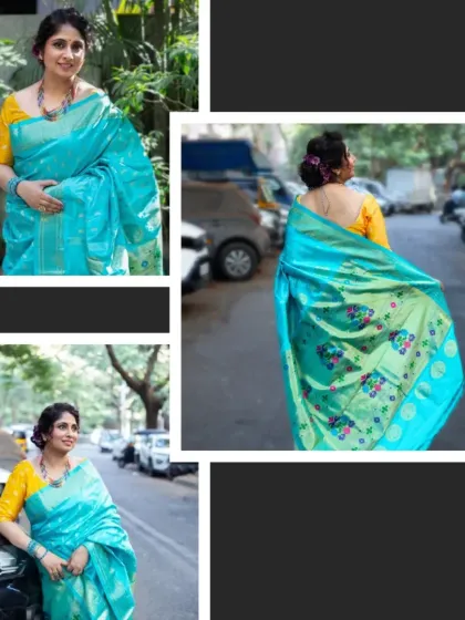 An outdoor lifestyle shoot with a vibrant turquoise saree. This collage shows the model interacting with an urban environment, demonstrating how the product fits into a modern, everyday context.