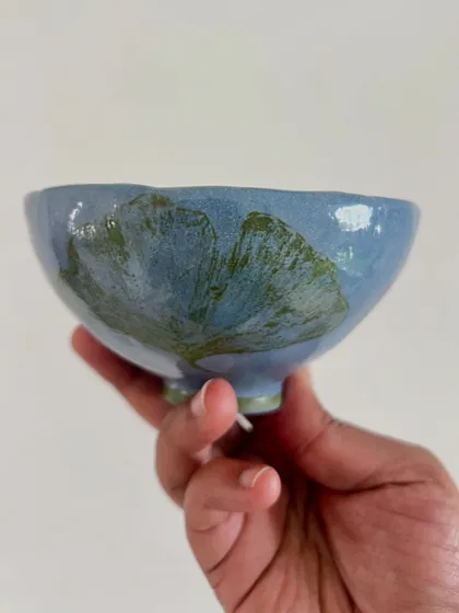Another angle of the ginkgo leaf bowl, showcasing its delicate, handmade form.