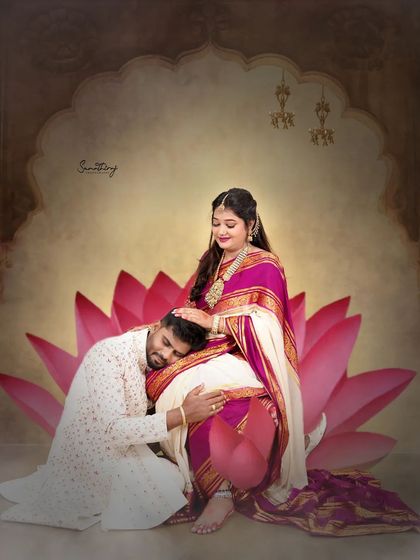 A tender moment from our Lakshmi-inspired concept. The husband-to-be rests his head on his wife's lap as she sits on a lotus, symbolizing devotion and shared blessings on their journey.