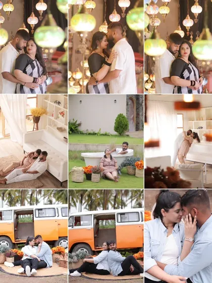 A comprehensive nine-image grid showing the full range of a themed shoot at a film city. It includes the Moroccan lamp room, an outdoor bathtub setup, and the vintage van, demonstrating how we can utilize multiple sets in one location.