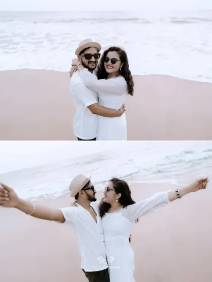 A diptych of the couple on the beach, one shot a loving embrace, the other a celebration with arms outstretched.