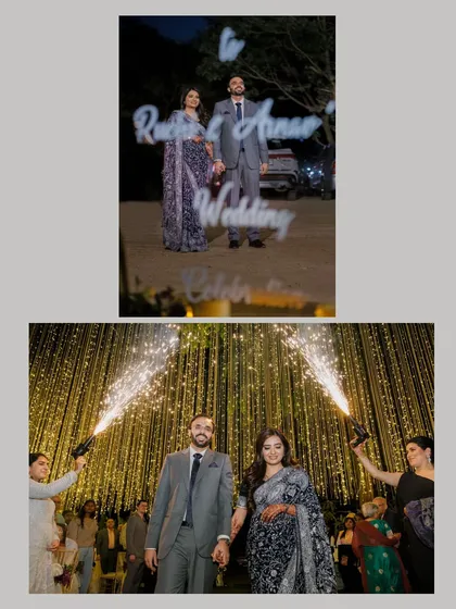 The couple makes a grand entrance at their reception, complete with sparklers and a custom neon sign, creating a spectacular photo opportunity.