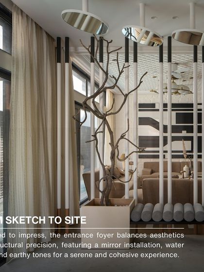 A 'sketch to site' collage of the entrance foyer. The mirror installation was designed to impress, balancing aesthetics with structural precision to create a serene and cohesive experience.