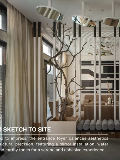 A 'sketch to site' collage of the entrance foyer. The mirror installation was designed to impress, balancing aesthetics with structural precision to create a serene and cohesive experience.