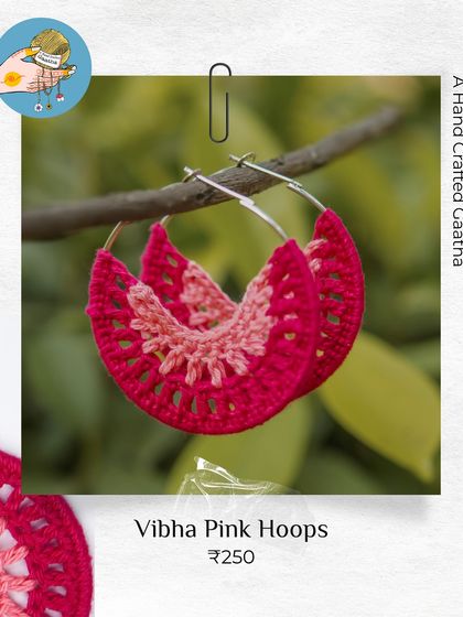 A product shot of the 'Vibha' pink hoops, showing the detailed stitch work. These are a customer favorite for a reason!