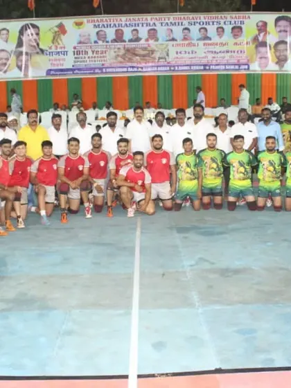 Both finalist teams, Vijay Club and our opponents, standing together before the final match.