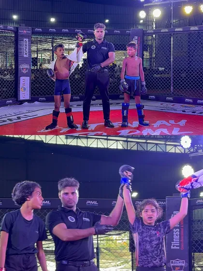 Victory in the cage. Our young fighters, Ansh and Mishty, with their hands raised after dominating their respective matches at the Rising Star event.
