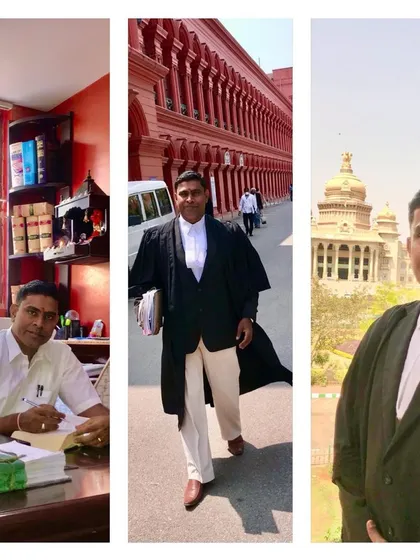 This collage shows the different environments of my legal practice, from in-office document preparation to appearances at the High Court and Vidhana Soudha.