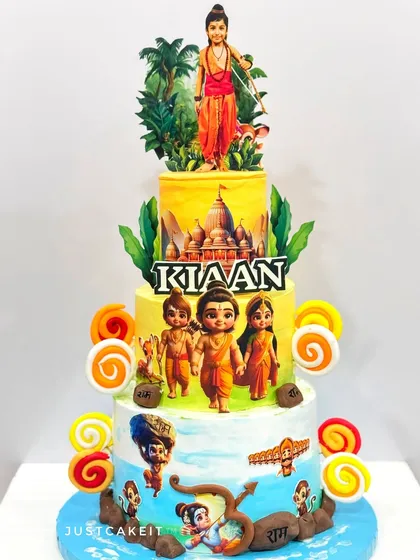 A grand, three-tier Ramayana-themed cake. I love when kids are inspired by our mythology, and it was a joy to create this cake depicting scenes from the epic.