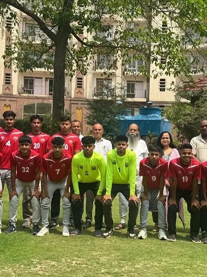 Our senior player Jatin Yadav (in red) with his Haryana U20 teammates. He was selected to play in the Swami Vivekanand National Football Championship.