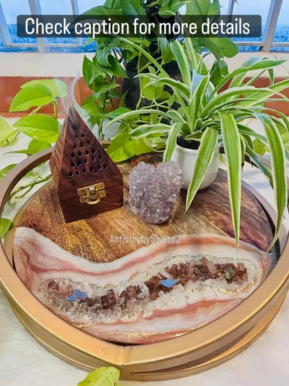 Styled with an incense burner and a crystal cluster, this tray becomes a centerpiece for a serene and mindful space.