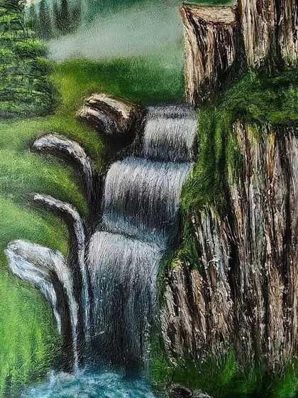 Another detail shot of the multi-layered waterfall. You can see how the sculpted rock and flowing water textures come together to create a sense of depth and realism.