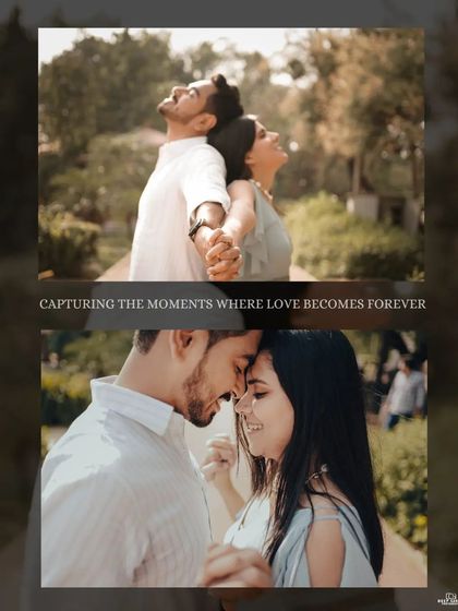 Two portraits from Patrika Gate, one showing the couple holding hands and looking up at the sky, the other an intimate close-up, capturing their joyful connection.