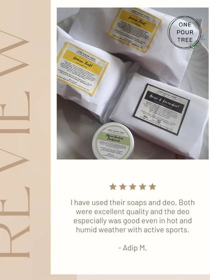 A 5-star review from a customer who uses my soaps and deodorant, noting the deodorant's excellent quality even during active sports in humid weather. Thank you, Adip