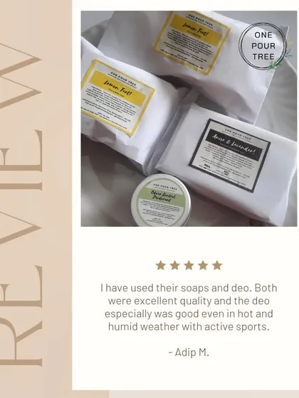 A 5-star review from a customer who uses my soaps and deodorant, noting the deodorant's excellent quality even during active sports in humid weather. Thank you, Adip