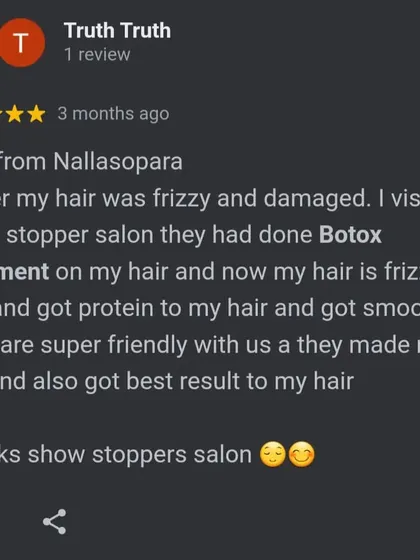 A client from Nallasopara thanks us for her frizz-free, smooth hair after a Botox treatment, highlighting our friendly service and great results.