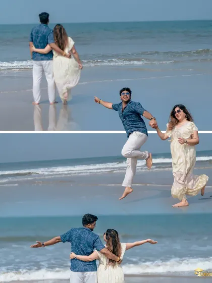 A collage capturing different moments of joy on the beach, from jumping in the air to walking by the waves. It’s all about capturing their happiness.