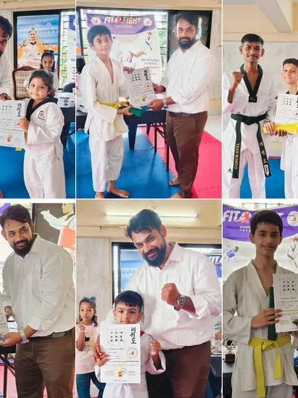 A collage capturing the proud moments as students of all ages receive their new belts and certificates from our head coach.