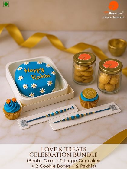 Our Love & Treats Celebration Bundle for Rakhi has it all. This hamper includes a bento cake, two cupcakes, two cookie jars, and two beautiful rakhis.