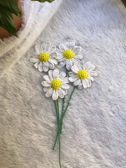 A handful of delicate crochet daisies. Their simple white petals and sunny yellow centers are perfect for adding a touch of handmade charm to any space.
