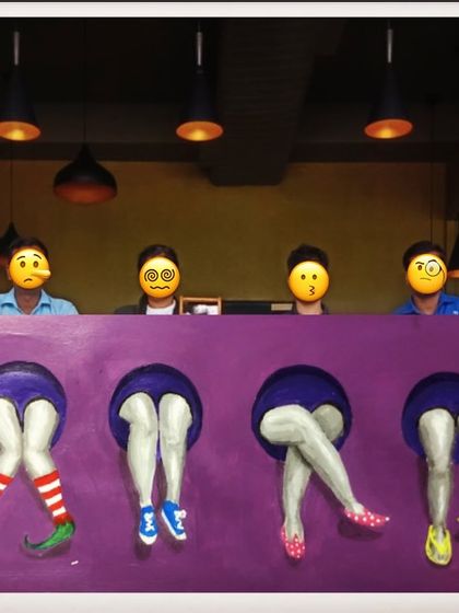 This quirky mural design, featuring just the legs of different characters, was an idea for a bar in Bangalore. It plays with themes of diversity and anonymity in a fun, whimsical way.