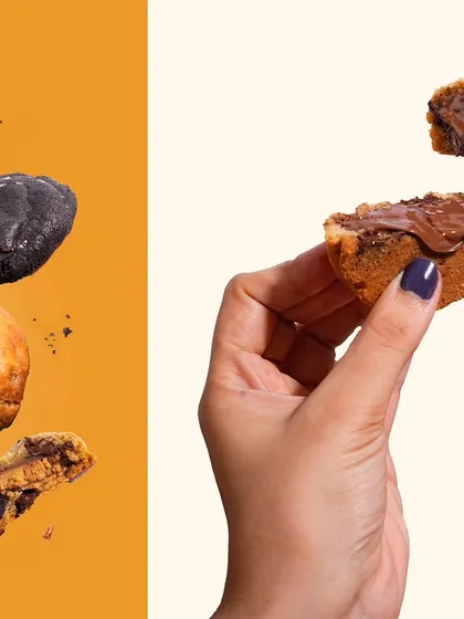 This diptych showcases both the tempting, gooey inside of the cookie and a fun, gravity-defying arrangement of various cookies. It's a great way to show product variety and delicious texture in one image.