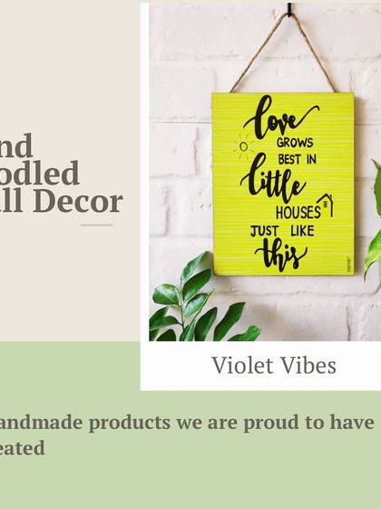 A graphic showcasing our hand-doodled wall decor. This 'Love Grows Best in Little Houses' sign is a perfect example of the unique and meaningful pieces we create for your home.