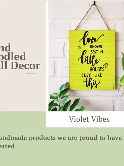 A graphic showcasing our hand-doodled wall decor. This 'Love Grows Best in Little Houses' sign is a perfect example of the unique and meaningful pieces we create for your home.