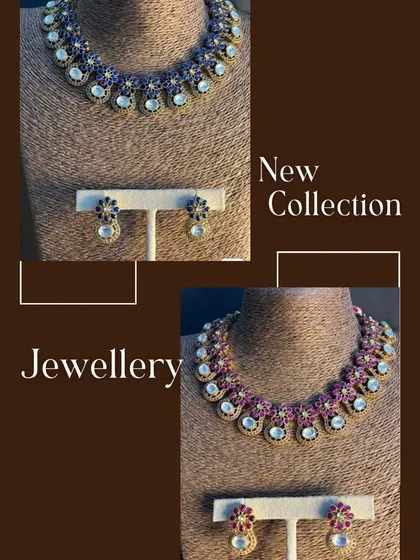 Part of my new collection, these stunning jewellery sets are designed to steal hearts. Available with blue or pink stones, each set includes a statement necklace and matching earrings, perfect for weddings.