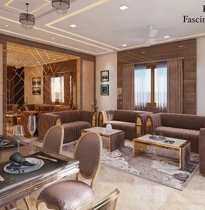 A 3D render of a luxurious living and dining area, showing our design intent. This concept features plush brown sofas, a glass dining table, and extensive use of mirrors and metallic accents to create a grand, opulent feel.