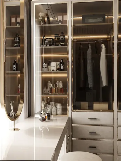 A detailed look at the illuminated shelving designed for perfumes and accessories, turning everyday items into a beautiful display.