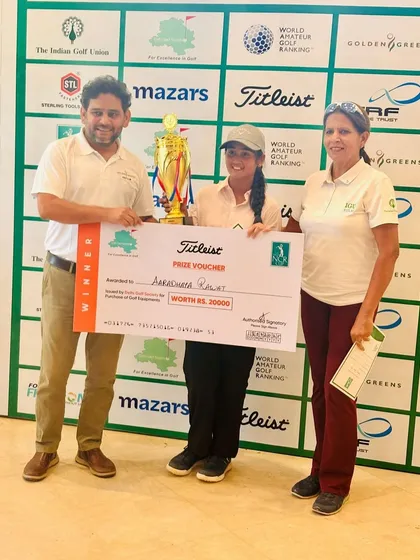 Aaradhya Rawat with her winner's prize at the 20th NCR Cup. Her performance in Category D was outstanding.