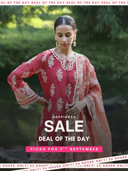 The Happiness Sale deal of the day. This red organza kurta set is a classic choice for any celebration. The deals only last for 24 hours, so don't wait.