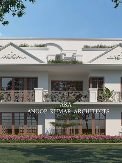 This classical design uses decorative mouldings and ornate ironwork on the balconies to create a refined and elegant facade. The symmetrical gables add to the building's traditional and stately character.