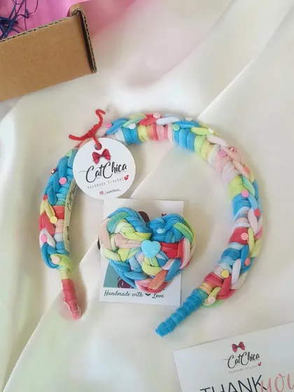 Our 'Beach Vibes' combo again, showing the bright and fun colors that make it a bestseller. It comes with a matching heart hair tie.