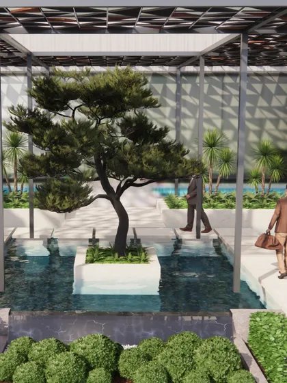 A duplicate of image 74, this rendering provides a clear view of how people might interact with the space, walking across the water on clean, stone-like paths. It emphasizes the fusion of nature, water, and human movement.