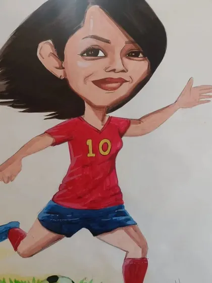 A full-body caricature of a female football player, hand-drawn and colored. This is a great gift for any sports enthusiast.